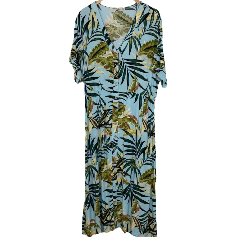 Liberty Love Blue Green Flounce Sleeve V Neck Dress